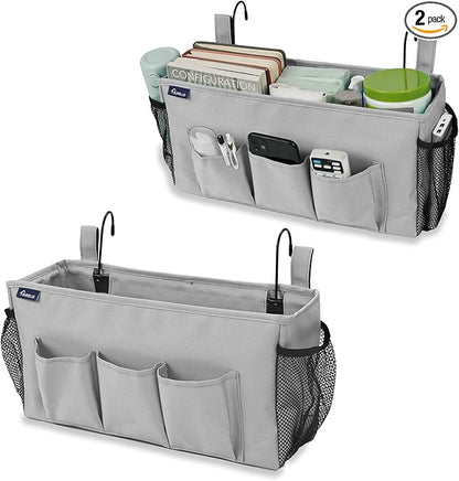 Surblue Bedside Organizer with Hook Bedside Caddy Hanging Storage Bag with Adjustable Straps and Water Bottle Holder for Home College Dorm Bunk Bed Accessories, Crib Bed, Hospital Bed,Lightgrey,2PCS