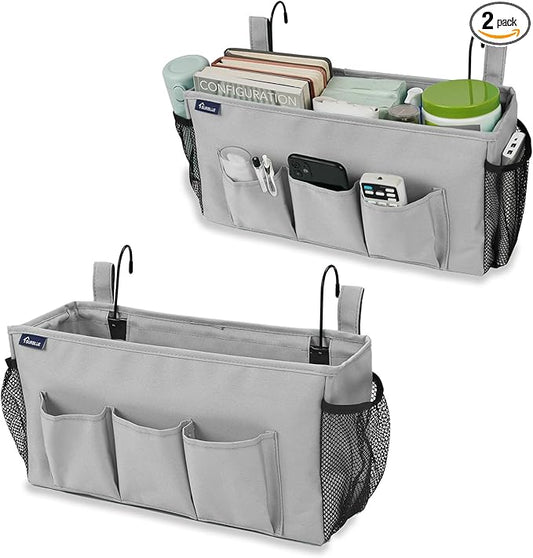 Surblue Bedside Organizer with Hook Bedside Caddy Hanging Storage Bag with Adjustable Straps and Water Bottle Holder for Home College Dorm Bunk Bed Accessories, Crib Bed, Hospital Bed,Lightgrey,2PCS