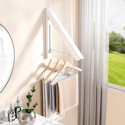 BAKON 2 Pack Clothes Drying Rack Foldable Collapsible, Folding Laundry Rack Wall Mounted Retractable Clothes Hanger for Laundry Room, Indoor & Outdoor Use, Easy Installation, Aluminum (White)