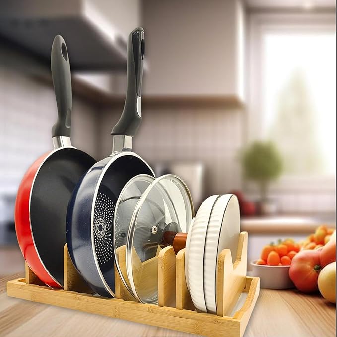 Pozmrtsr Bamboo Pot Lid Organizer for Cabinet & Kitchen Counter, Pan Lid Organizer Inside Cabinet, Pot Lid Holder, Sheet Pan Rack, Adjustable Pot Cover Holder Rack for Countertop, Under Cabinet