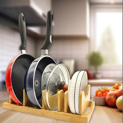 Pozmrtsr Bamboo Pot Lid Organizer for Cabinet & Kitchen Counter, Pan Lid Organizer Inside Cabinet, Pot Lid Holder, Sheet Pan Rack, Adjustable Pot Cover Holder Rack for Countertop, Under Cabinet
