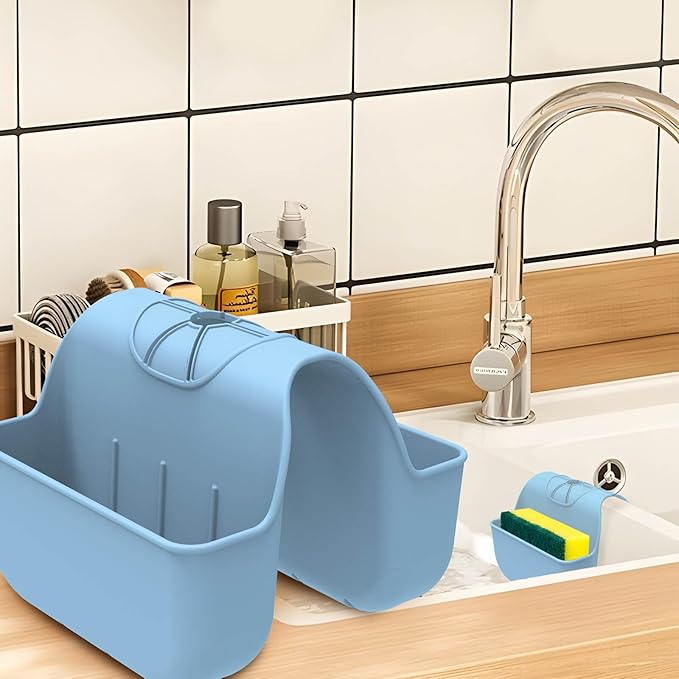 VPASION Sponge Holder for Kitchen Sink, Silicone Sink Saddle Caddy Organizer Rack, Sponges Holder Over Faucet, Hanging Kitchen Organizer Accessories Rack Basket Light Blue