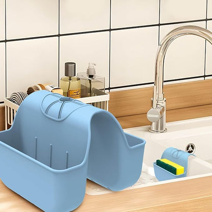 VPASION Sponge Holder for Kitchen Sink, Silicone Sink Saddle Caddy Organizer Rack, Sponges Holder Over Faucet, Hanging Kitchen Organizer Accessories Rack Basket Light Blue