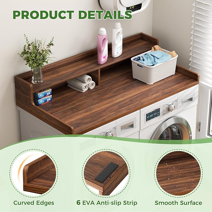 VOPEAK Washer and Dryer Countertop with Shelf, 2-Tier Washer Dryer Topper, 54" x 27.5" Spacious Laundry Countertop, Washing Machine Topper for Laundry Room Organization and Folding Clothes, Walnut
