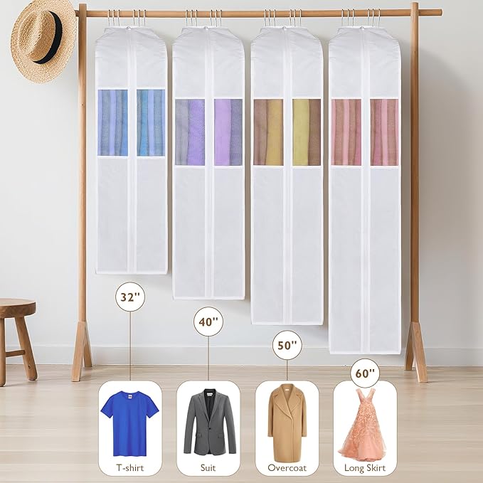 Univivi Premium Cotton Garment Bags for Hanging Clothes and Storage, 60 Inch Washable Dress Bags for Gowns Long, Full Zipper Dust Cover with Extra Large 10" Gusset & Clear Window - 2 Pack
