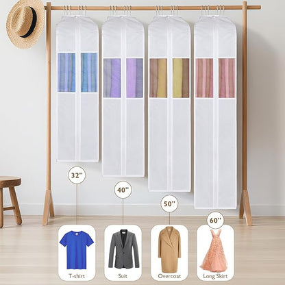 Univivi Premium Cotton Garment Bags for Hanging Clothes and Storage, 50 Inch Washable Garment Bags for Storage with Extra Large 10" Gusset & Clear Window - Perfect for Suits, Coats, Jackets - 4 Pack
