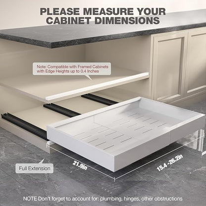Seinloes 2 Pack Pull Out Cabinet Organizer 22" Deep,Full Extension 3 Slide Rails Slide Out Drawers With Raising Pad for Framed Cabinets,Expandable Width (15.4"-26.2"),No Drill Roll Out shelf,White