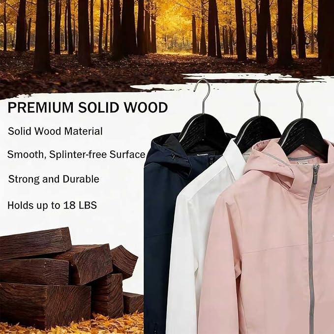 Black Wooden Coat Hangers, Durability Wood Suit Hangers with Non Slip Pant Bar, Solid Wooden Clothes Hangers with Wide Shoulder Design for Shirts, Jackets, Dress, Pants, Sweaters, 30 Pack