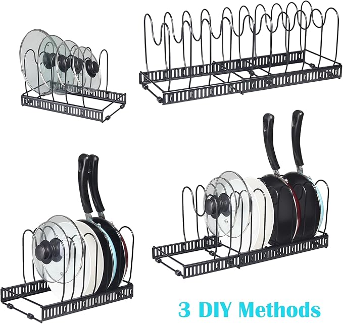 WUETOAYA Expandable Pots and Pans Organizer Rack, Pot Lid Kitchen Cabinet Organizer Holder with 10 Adjustable Compartment, Cookware Rack for Kitchen Cabinet Storage, Black
