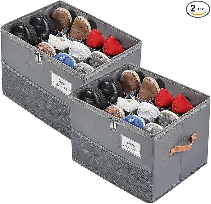 Chewlish Shoe Organizer for Closet, Foldable Shoe Box Storage Containers with Clear Cover, Smooth Zipper, Reinforced Handles and Bottom Support, Space Saving Shoes Holder, Gray (2, Small)