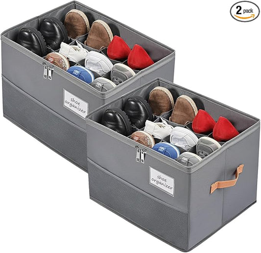 Chewlish Shoe Organizer for Closet, Foldable Shoe Box Storage Containers with Clear Cover, Smooth Zipper, Reinforced Handles and Bottom Support, Space Saving Shoes Holder, Gray (2, Small)