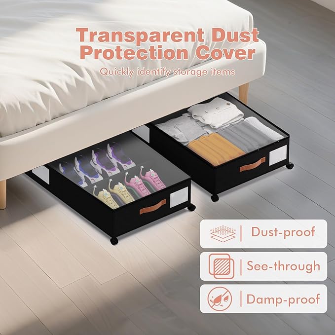DCET Under Bed Storage with Wheels - Rolling Underbed Containers with PVC Clear Lid & Dividers, 600D Oxford Fabric, PU Leather Handles, Adjustable Magic Tape Partition, XXL 66L,2 Pack (Black)