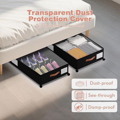 DCET Under Bed Storage with Wheels - Rolling Underbed Containers with PVC Clear Lid & Dividers, 600D Oxford Fabric, PU Leather Handles, Adjustable Magic Tape Partition, XXL 66L,2 Pack (Black)