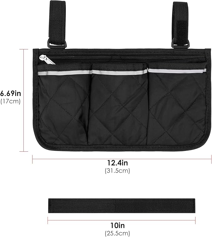 SHIDOW Wheelchair Side Bag, Bedside Caddy Hanging Bed Organizer Storage Bag, 4 Pockets, for College Dorm Rooms Hospital Rails Bed (Black)