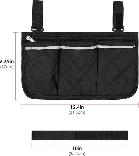 SHIDOW Wheelchair Side Bag, Bedside Caddy Hanging Bed Organizer Storage Bag, 4 Pockets, for College Dorm Rooms Hospital Rails Bed (Black)