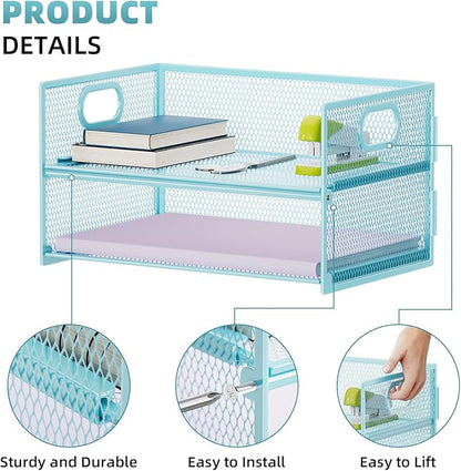 Marbrasse 2 Tier Paper Organizer Letter Tray, Mesh File Organizer with Handle, Paper Sorter Desk Organizer for Home Office Supplies - 2P Blue
