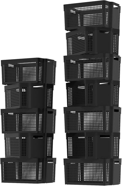 12 Pack Large Plastic Storage Baskets Bins, Multi-Purpose Organizer Weave Basket for Shelves, Closets, Offices (Black)