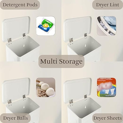 Magnetic Lint Bin for Laundry Room, Metal Trash Can with Lid for Dryer, Farmhouse Lint Holder, Laundry Co Sign, Laundry Room Storage Decor with Dryer Lint Brush(White)