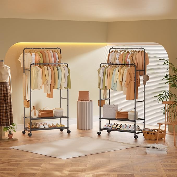 Simple Trending Heavy Duty Clothes Rack, Rolling Clothing Rack for Hanging with 2 Fabric Shelves, Portable Garment Rack Load 400 LBS, Black