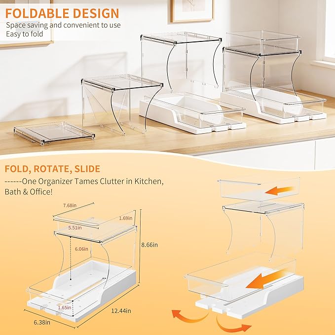 Attelite Under Sink Organizer, 2 Tier Pull Out Cabinet Organizer with 180° Rotating & Foldable Design, 2 Pack Sliding Drawers for Kitchen & Bathroom Storage, Fits Under Sink, Pantry, Cabinet