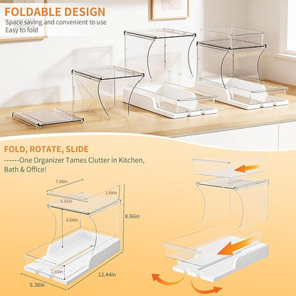 Attelite Under Sink Organizer, 2 Tier Pull Out Cabinet Organizer with 180° Rotating & Foldable Design, 2 Pack Sliding Drawers for Kitchen & Bathroom Storage, Fits Under Sink, Pantry, Cabinet