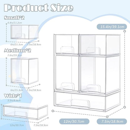 Baby Bottle Organizer-5 Pack Stackable Storage Drawers, Baby Organizers and Storage with Hooks, Clear Acrylic Multipurpose Bottle Storage for Countertop,Kitchen,Cabinet,Vanity,Bathroom