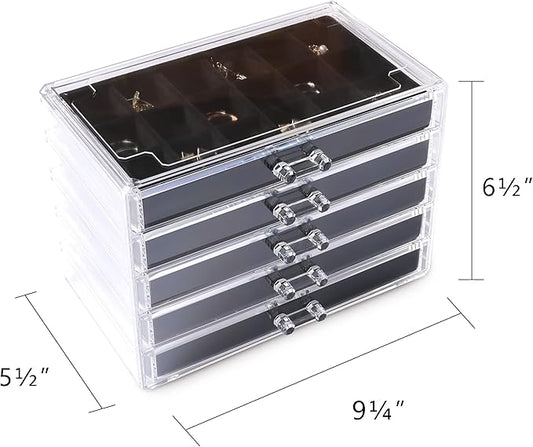 Frebeauty Acrylic Jewelry Organizer Earring Organizer Box with 5 Drawers Earring Holder Organizer with Velvet Trays Clear Jewelry Box for Women Earring Display for Rings Studs(Black)