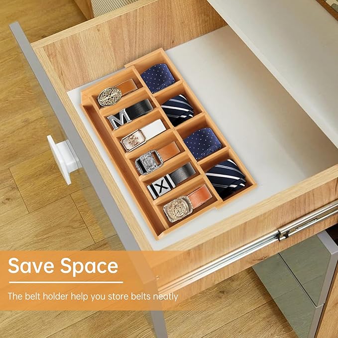 Niciksty Adjustable Wood Belt Organizer, 10 Compartments Belt Rack and Tie Storage Holder for Closet and Drawer, Belt Holder Organizer and Displayer, Tie Holder Storage for Men Women, Wood Color