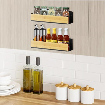 Kitchen Spice Rack Wood: 2 Packs Black Iron and Wooden Adhesive Wall Mount - 11.8" Large Hanging Storage Organizer Cabinet Without Drilling for Smooth Wall