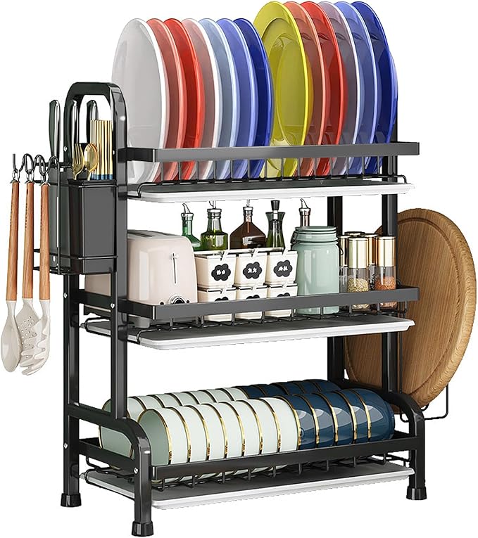 YTCYKJ Dish Drying Rack,Dish Racks Drainer,Over The Sink Dish Drainer Drying Rack 3 Tier with Drain Tray,Chopsticks Rack,Knife Holder