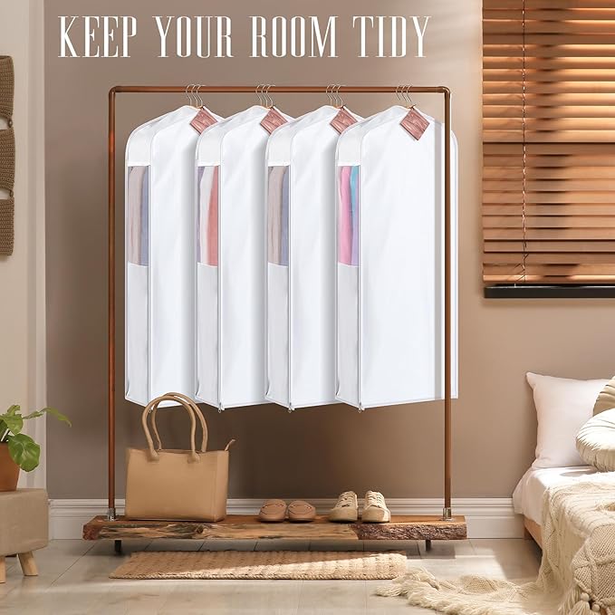 2 Set 40in Short Cotton Garment Bags, 6in Wide Gusset Hanging Storage Clothes with 8 Cedar Blocks, Transparent Mesh Window, Breathable Closet Bags for Fur Coat Suit Sweater Dress, White