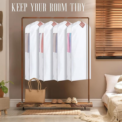 2 Set 40in Short Cotton Garment Bags, 6in Wide Gusset Hanging Storage Clothes with 8 Cedar Blocks, Transparent Mesh Window, Breathable Closet Bags for Fur Coat Suit Sweater Dress, White