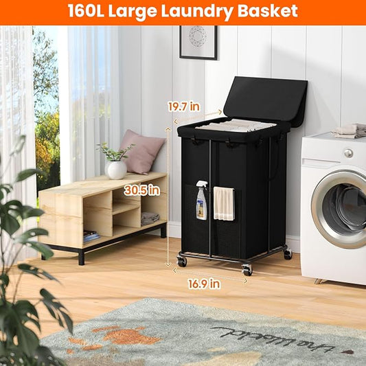 160L Laundry Hamper with Lid, Rolling Laundry Basket with Wheels, Large & Tall Dirty Clothes Hamper with Metal Frame and Removable Bag for Bedroom Aesthetic, Laundry Room, Bathroom, Dorm-Black