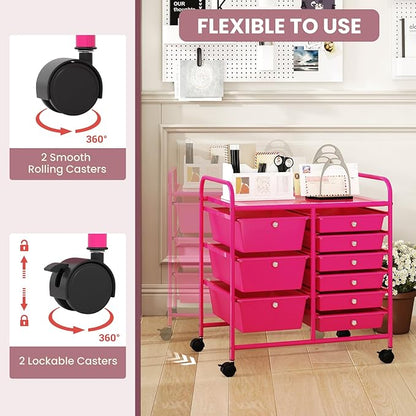 GOFLAME 9-Drawer Rolling Storage Cart, Mobile Utility Cart with Removable Drawers & Metal Frame, Art Craft Organizer Cart with Lockable Wheels, Storage Drawer Cart for Home Office School, Hot Pink