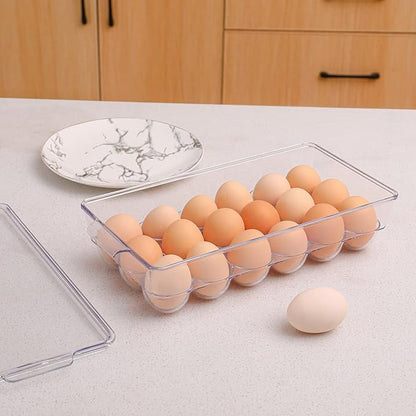 Sooyee 2 Pack Egg Holder for Refrigerator, Plastic Egg Storage Container, Fridge Egg Organizer, Clear Refrigerator Organizer Bins with Lids, Stackable Tray Holds 18 Eggs