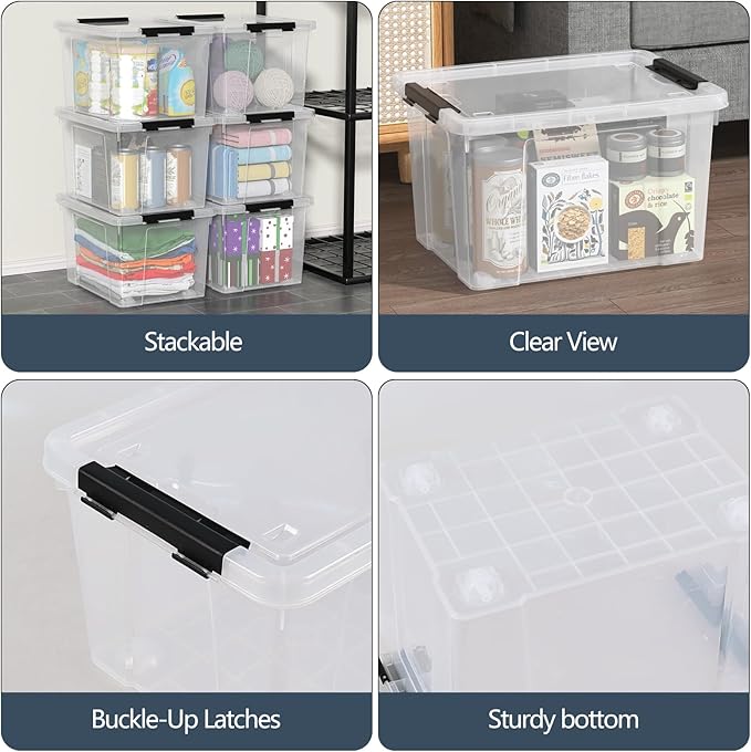 Tyminin 6-Pack Storage Box, 22 Quart Stackable Plastic Bins with Snap-On Lids, Clear