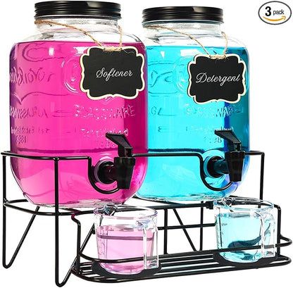 Roetell 2 Sets 1 Gallon Laundry Detergent Dispenser with Stand, Measuring Cup, Glass Laundry Detergent Containr for Laundry Room Organization