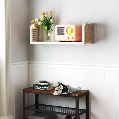White Rattan Wall Shelf, Wooden Hanging Bookshelf Storage, Cute Nursery Shelves Wall Mounted, Boho Decorative Floating Shelves for Kids Room, Living Room, Play Room, Bedroom