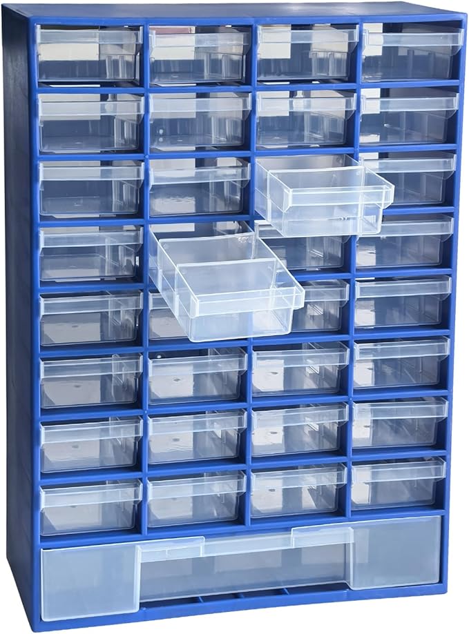 33 Drawer Plastic Small Parts Organizer, Storage Bin with Drawers for Hardware, Parts, Crafts, Beads, 11.8 x 16.1 x 5.2 Inches (Blue)