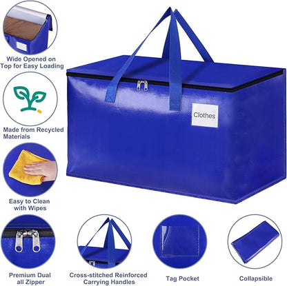 StorageRight Heavy Duty Moving Boxes-Moving Bags with Zipper, Reinforced Handles and Tag Pocket-Collapsible Moving Supplies-Totes for Storage Great for moving, Storage and Travel 93L(Blue-4 Pack)