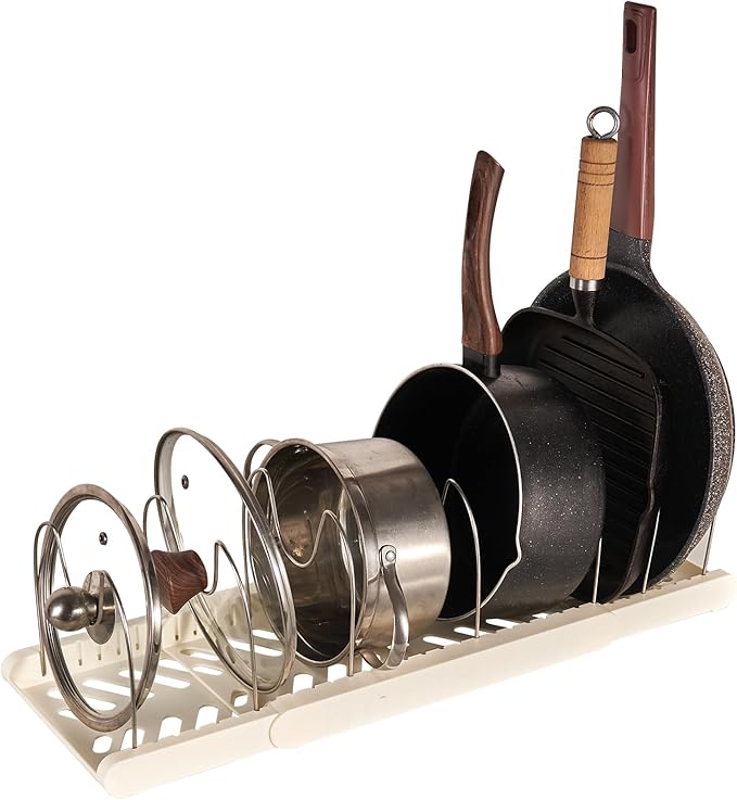 ylmijfe Expandable Pot and Pan Organizers Rack, Stainless Steel Adjustable Dividers, Pot Lid Holder, Kitchen Cabinet Organizer and Storage, 12'-23.2' Wide (GJ02-2)