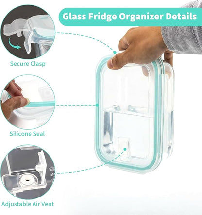 Piszvbej 2 Pack Fruit Storage Containers for Fridge, Glass Fruit Containers for Fridge with Airtight Lid, Airflow Vent Design to Keep Produce Fresh Longer, Ideal for Fruits and Vegetables Storage