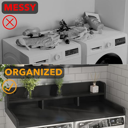 Washer Dryer Countertop, Laundry Wood Shelf Topper with Edge, 2-Tier Laundry Countertop, for Washer and Dryer Laundry Hamper Counter Storage Organization (Black)
