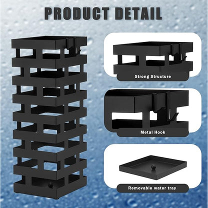 Tudomro Umbrella Stands for Entryway Large Metal Umbrella Holder 6.3 x 5.5 x 16.5 Inches with Removable Water Tray and Hooks Decor Freestanding Rectangular Hollow Rack for Home Office(Black)