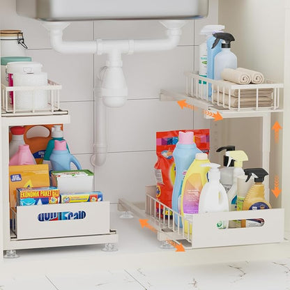 Toyear Under Sink Organizer, Heavy Duty Metal Pull Out Cabinet Organizer Slide Out Sink Shelf Organizer Height Adjustable, Multi-Purpose Storage Shelf for Kitchen Bathroom(Sand,2Pack)