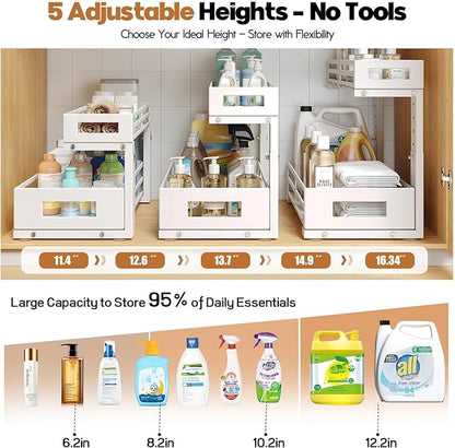 1-Pack Under Sink Organizers and Storage,2-Tier L Shape Pull Out Cabinet Organizer With Round Tube Slide Rails,Hight Adjustable Slide Out Drawers for Kitchen&Bathroom,Multi-Purpose Storage Shelf-White