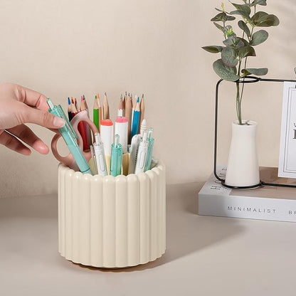 Anyoifax 360° Rotating Pen Holder 7 Slots Desk Organizer Removable Pencil Cup Plastic Art Supplies and Accessories Desktop Storage Box Caddy for Office, School, Home (Beige)