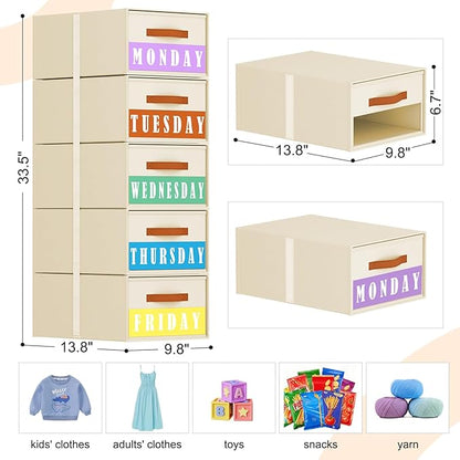 Stackable Storage Drawers - Pull Out Storage Bins with Drawers for Closet Clothes Organizers with Weekly Labels & Clear Window, Closet Shelf Storage for Bedroom, Living Room, 5 Pack, Beige