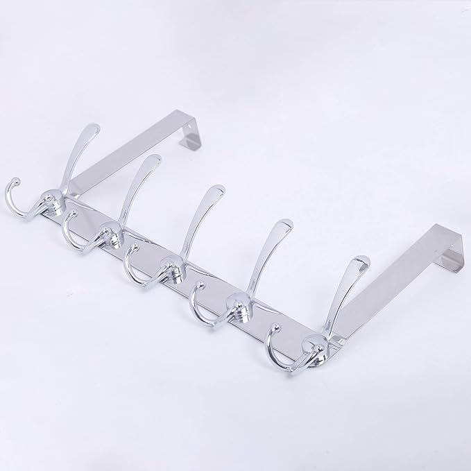 WEBI Over The Door Hook,Door Hanger Hook Rack with 5 Tri Hooks for Hanging Coats, Over The Door Towel Rack Door Coat Hanger Door Coat Rack for Bathroom,Behind Back of Door,Silver