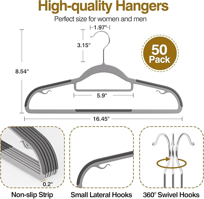 UEAKPIC Plastic Hangers 50 Pack, 16.5 in Heavy Duty Clothes Hangers with 360° Swivel Hook, Non-Slip Bar & 0.2" Ultra-Slim Space-Saving Organizers for Coats, Pants, Suits, Shirts, Light and Dark Gray